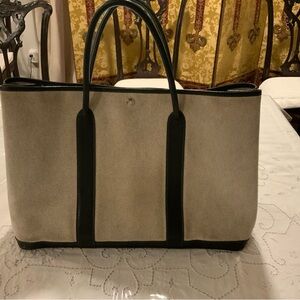 Hermes Beige Canvas Tote with Black Leather Trim and Handles